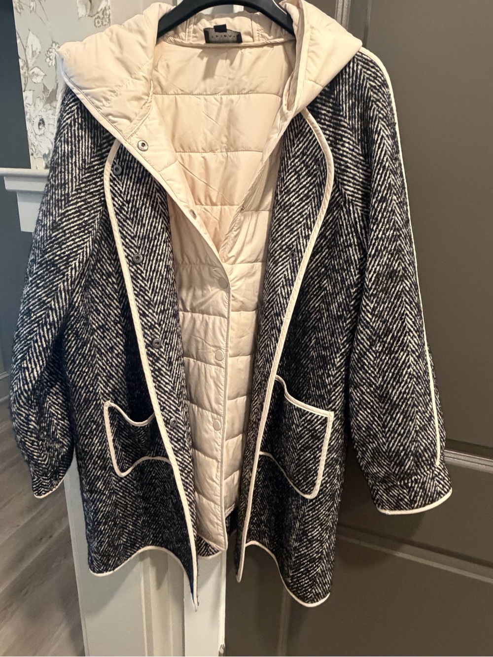 Tribal Black & Cream Herringbone Hooded Coat